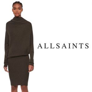 ALL SAINTS Ridley Dress Wool Cashmere Turtleneck - Dark Olive Green - Size Small